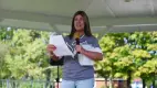 Woman speaking outdoor